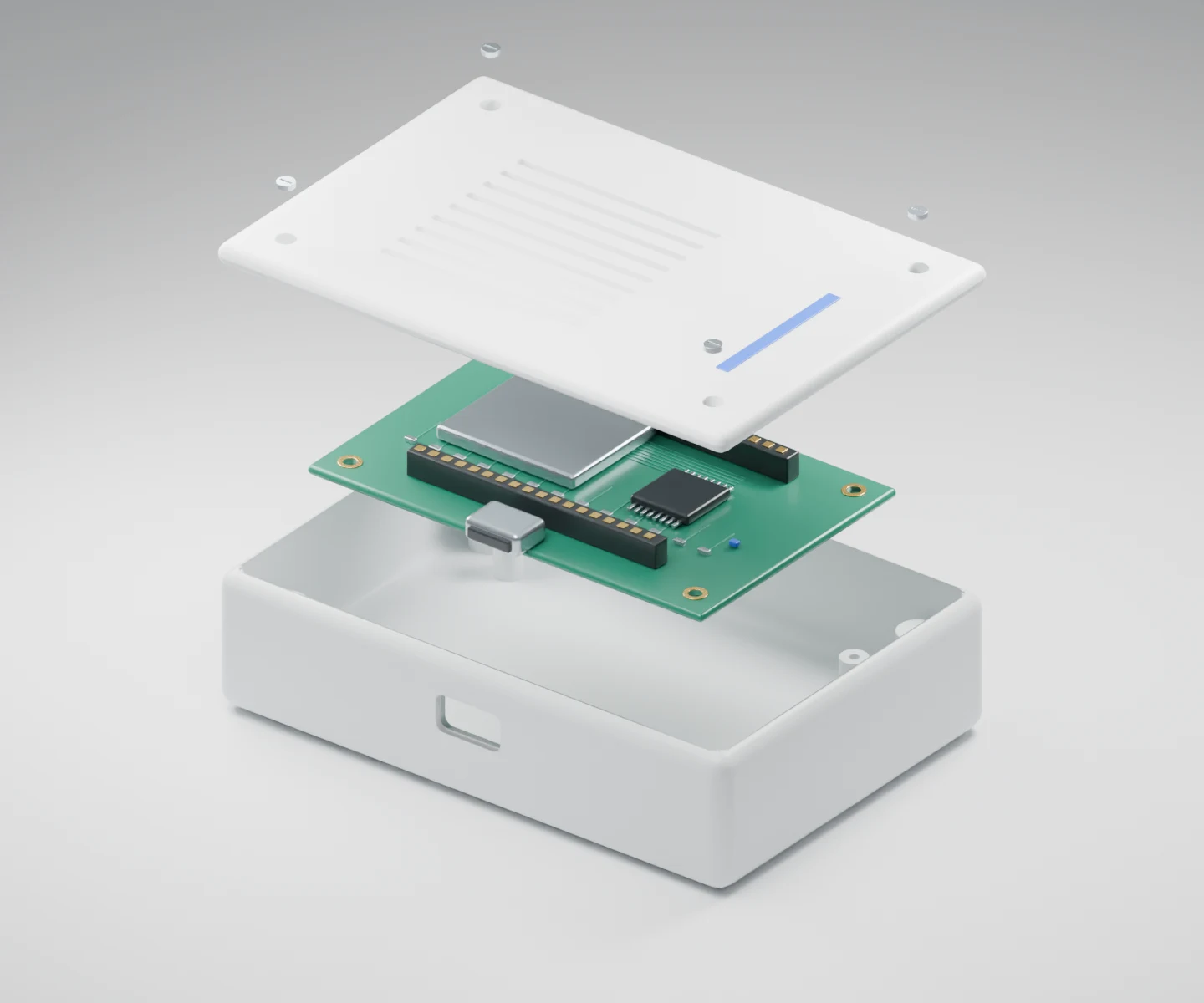 Concept render of an environment sensor enclosure and circuit board, exploded
