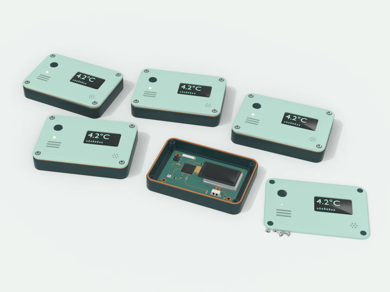 Engineering model: Working prototypes and exposed PCB assembly on lab workbench